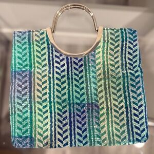 Christina Metal Handle Green and Blue Bag 9x10